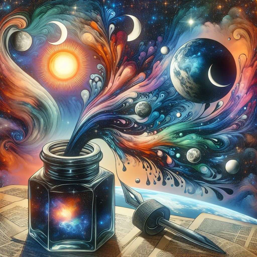 Cosmic Ink Pouring: Holographic Astral Illustration