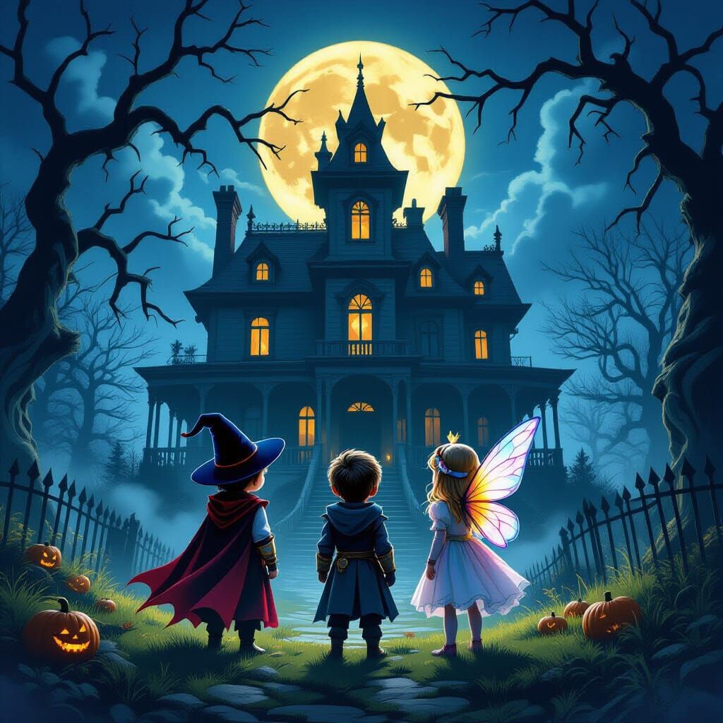 Kids in Halloween Costumes at Haunted Mansion