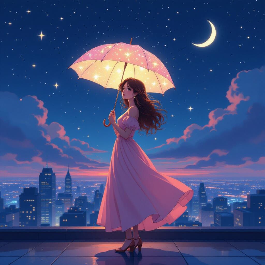 Woman with Starry Umbrella on Rooftop, Digital Art