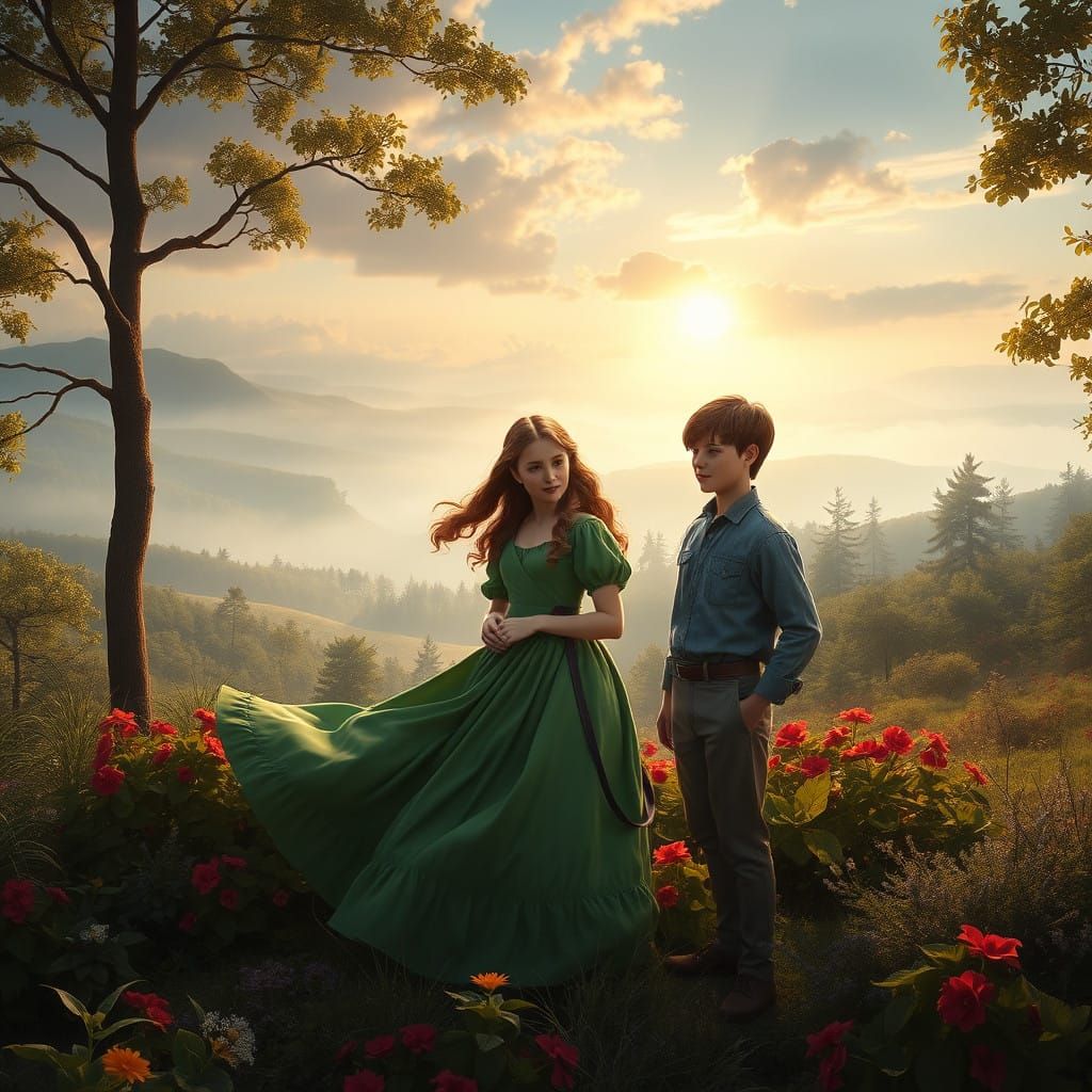 Mystical Anne and Gilbert in Lush Green Gables Landscape