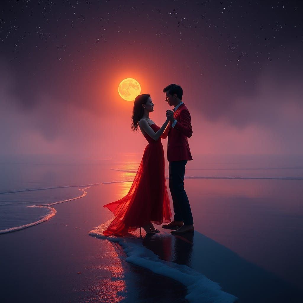 Romantic Moonlit Waltz on a Dreamy Beach in Whimsical Fantas...