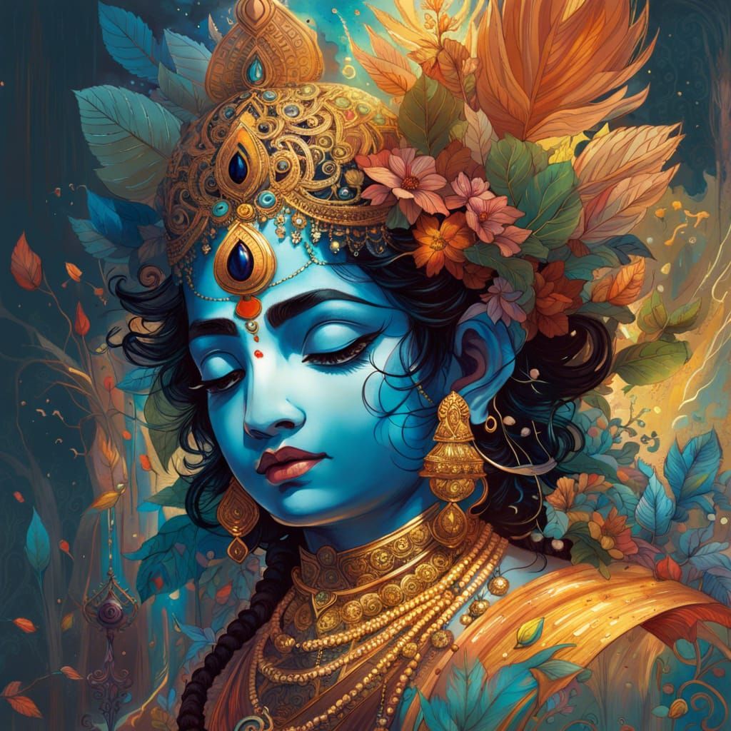 Radiant Lord Krishna Digital Painting with Golden Aura