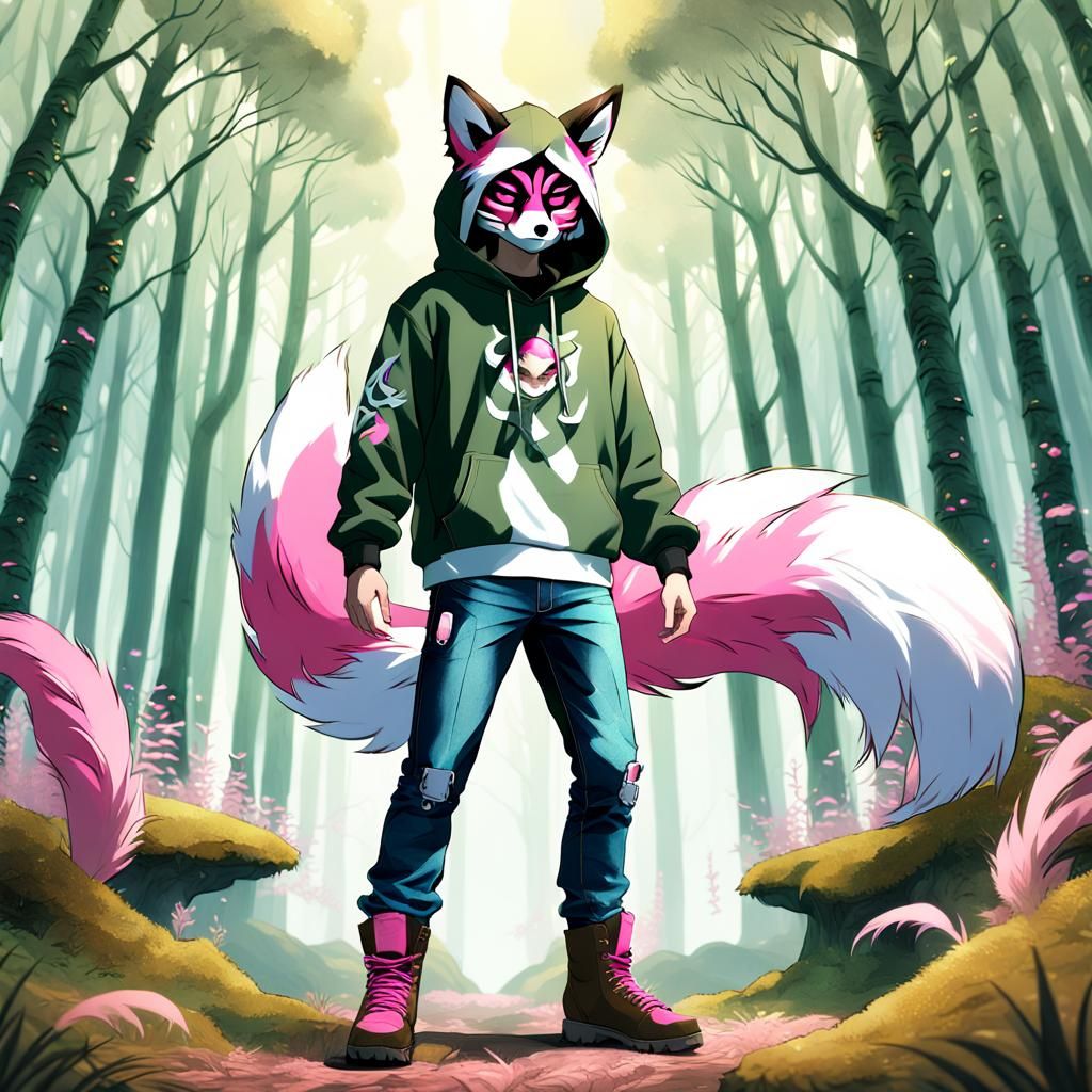 Mystical Forest: Man in Fox Mask, Japanese Art