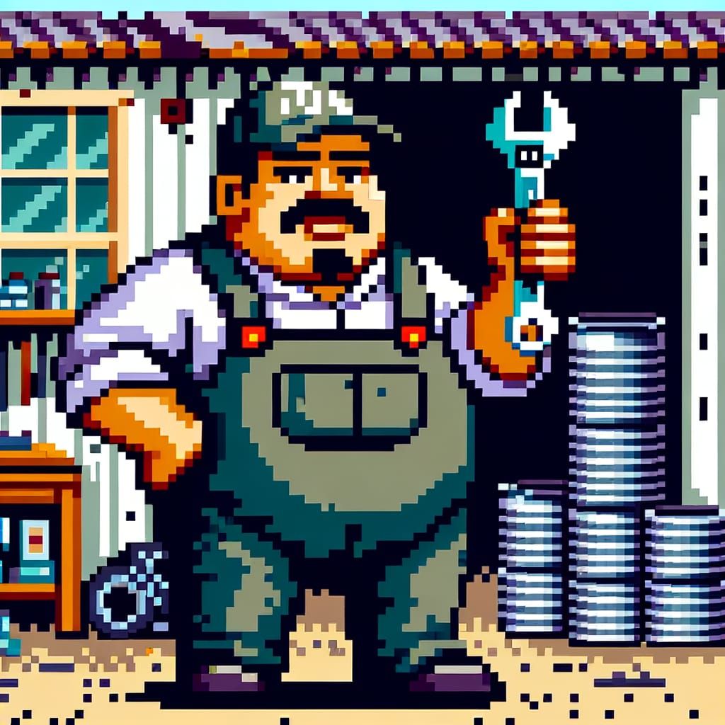 Obese Mechanic in 16-bit Pixel Art Style
