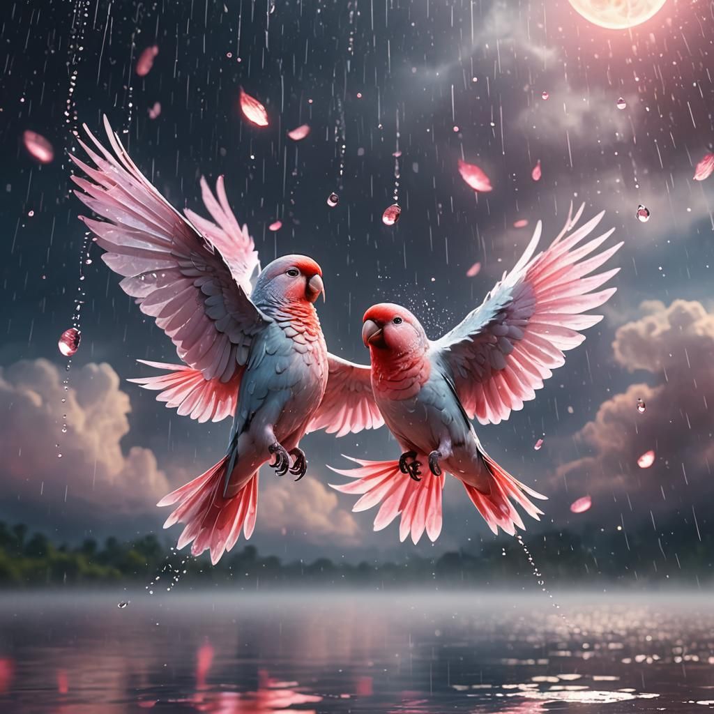 Lovebirds Dancing in the Rain, Art Nouveau Style