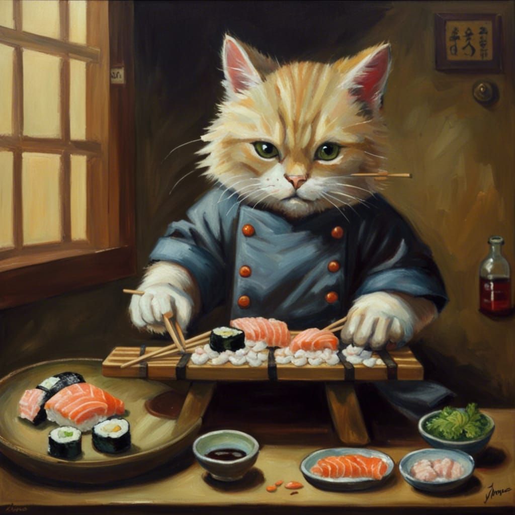 Kemono Cat Chef Prepares Sushi: Oil Painting