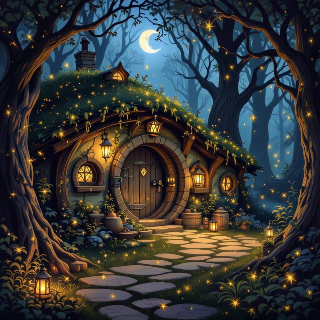 Enchanted Forest Hobbit Hole in Mystical Chamber