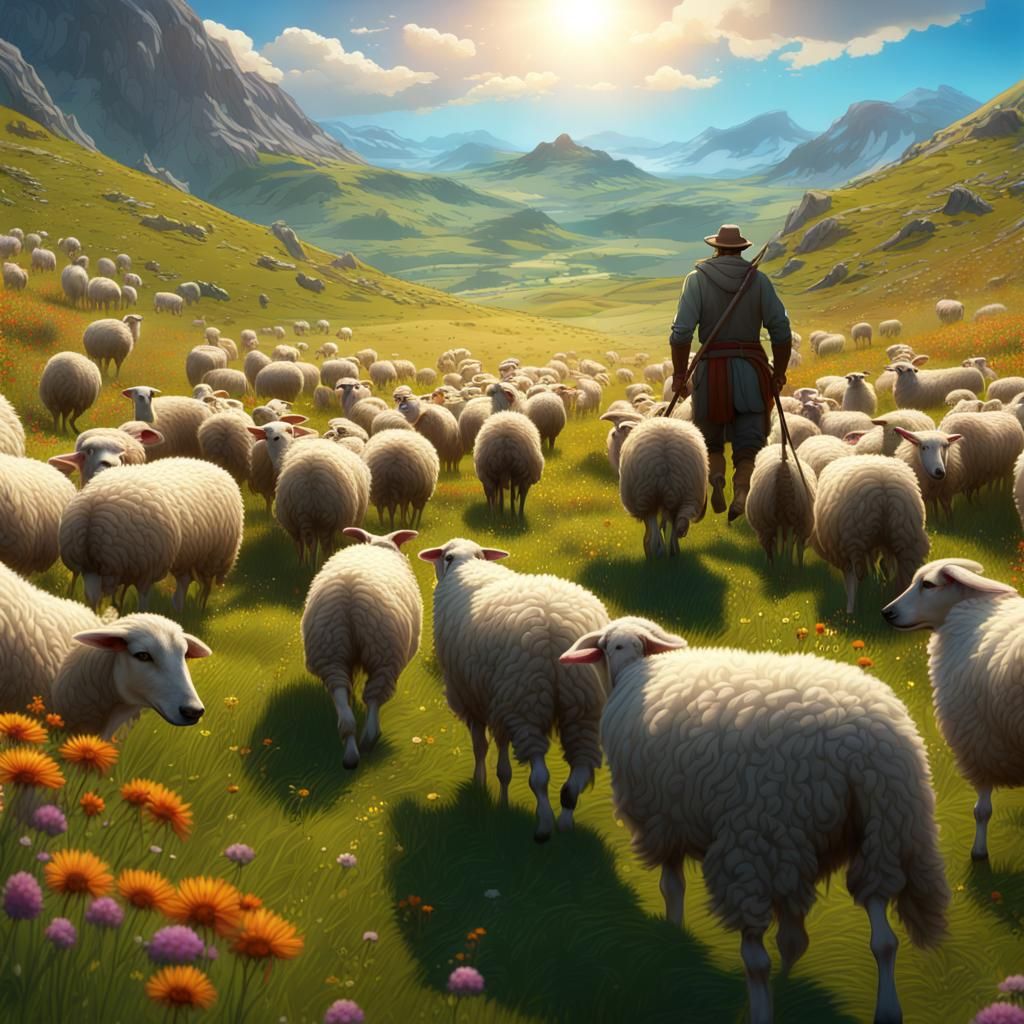 Shepherd and Flock in Mountain Pastures