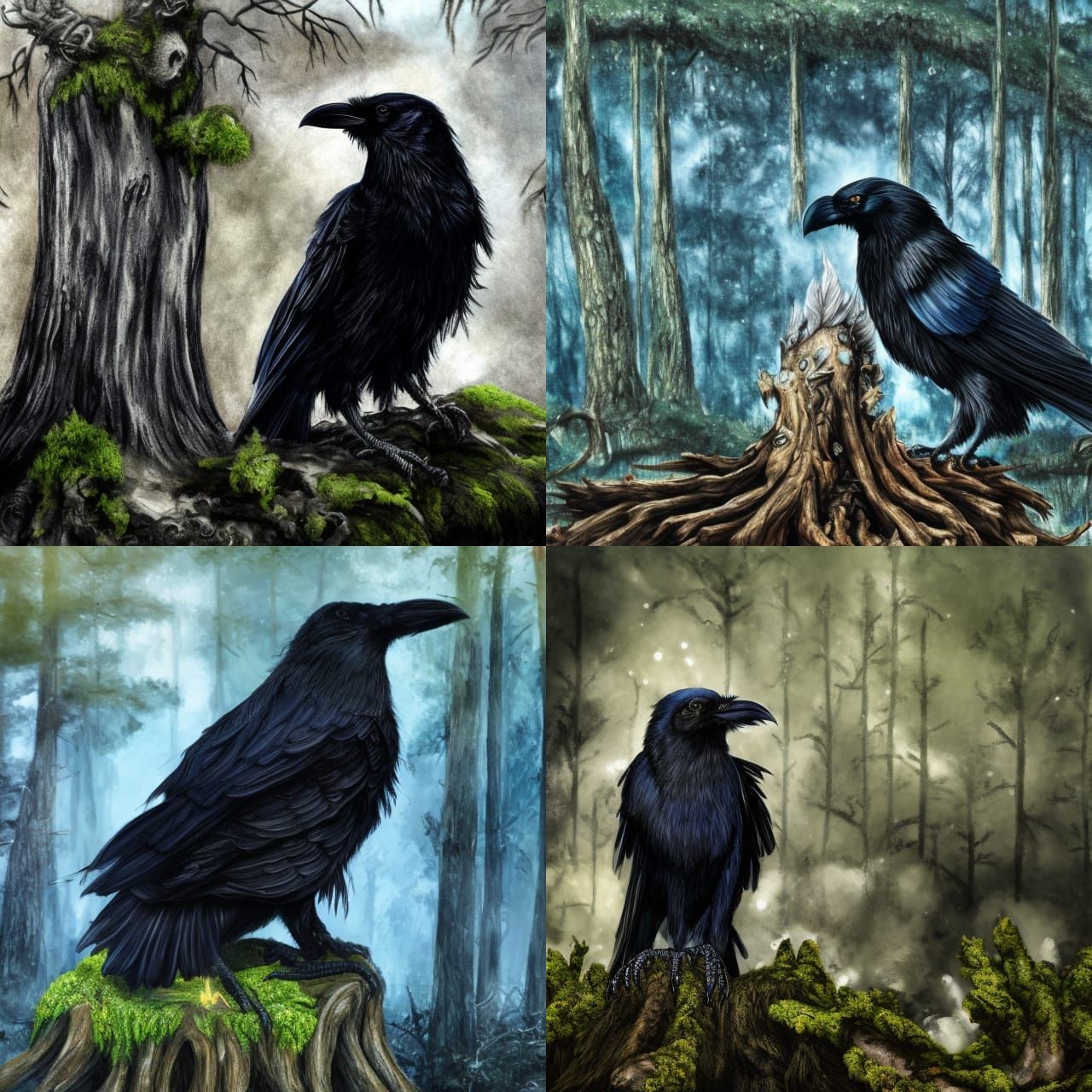 Black Raven King in Burning Forest, Ethereal Art