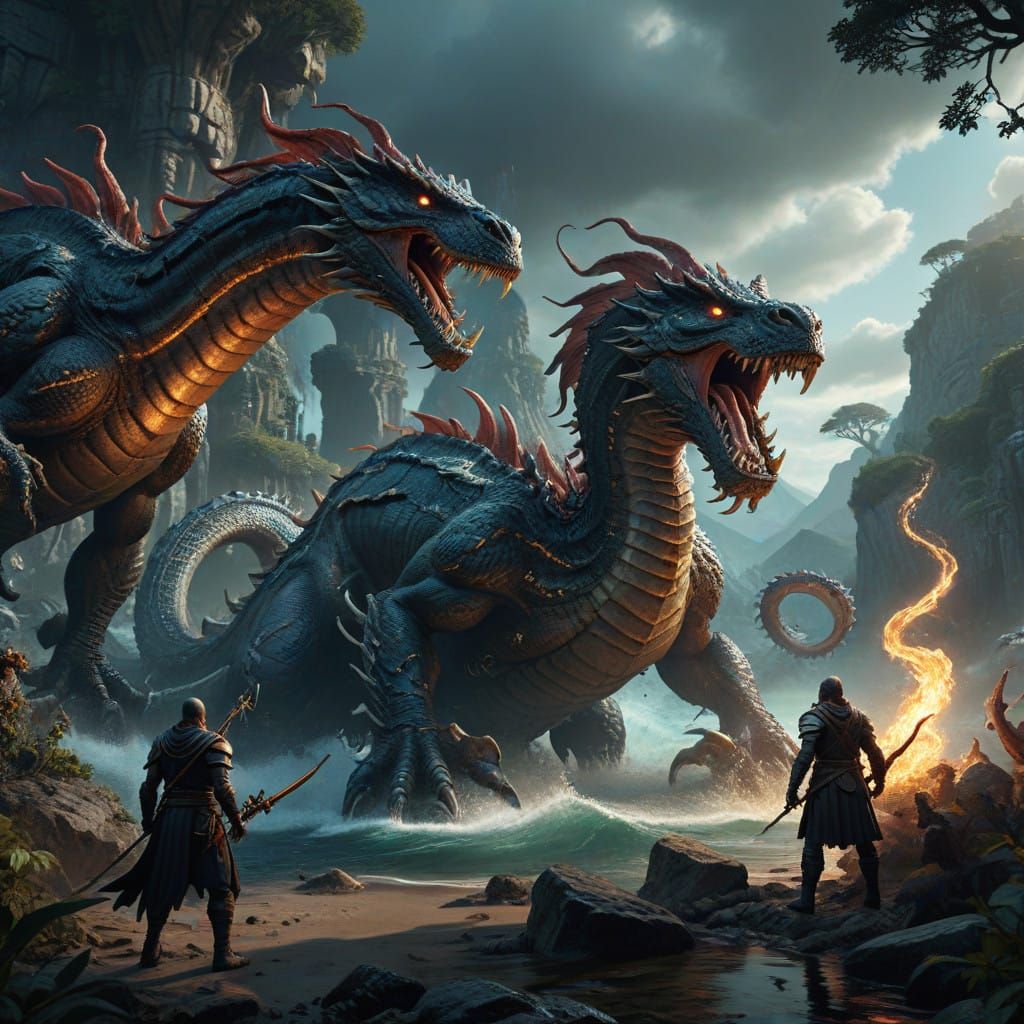 Heroic Fantasy Adventurers Confronting Hydra, Detailed Matte...