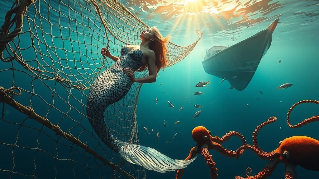 Majestic Mermaid Trapped in Weathered Fishing Net, Radiant i...