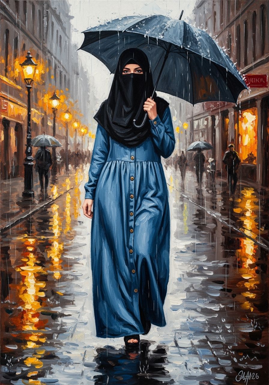 European Woman in Rain, an Impasto Oil Painting