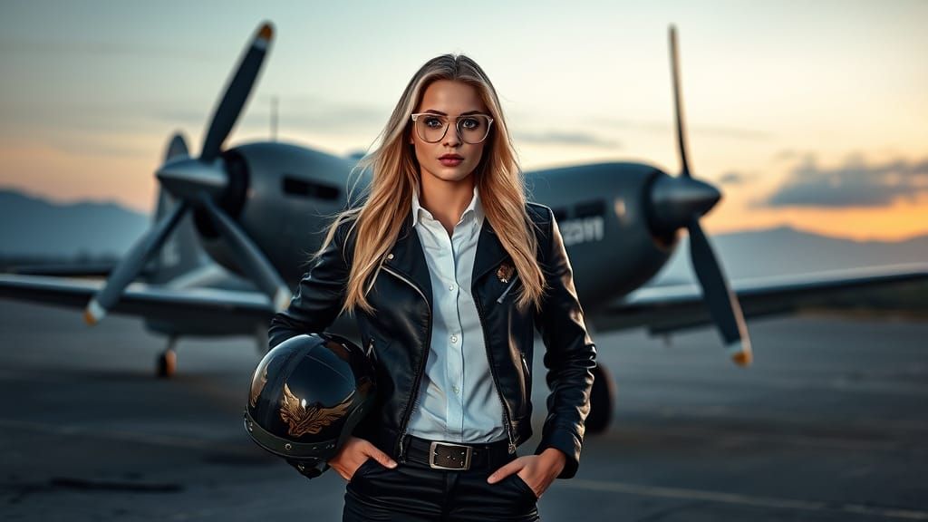 Blonde Woman in Pilot Uniform on Vintage Airfield