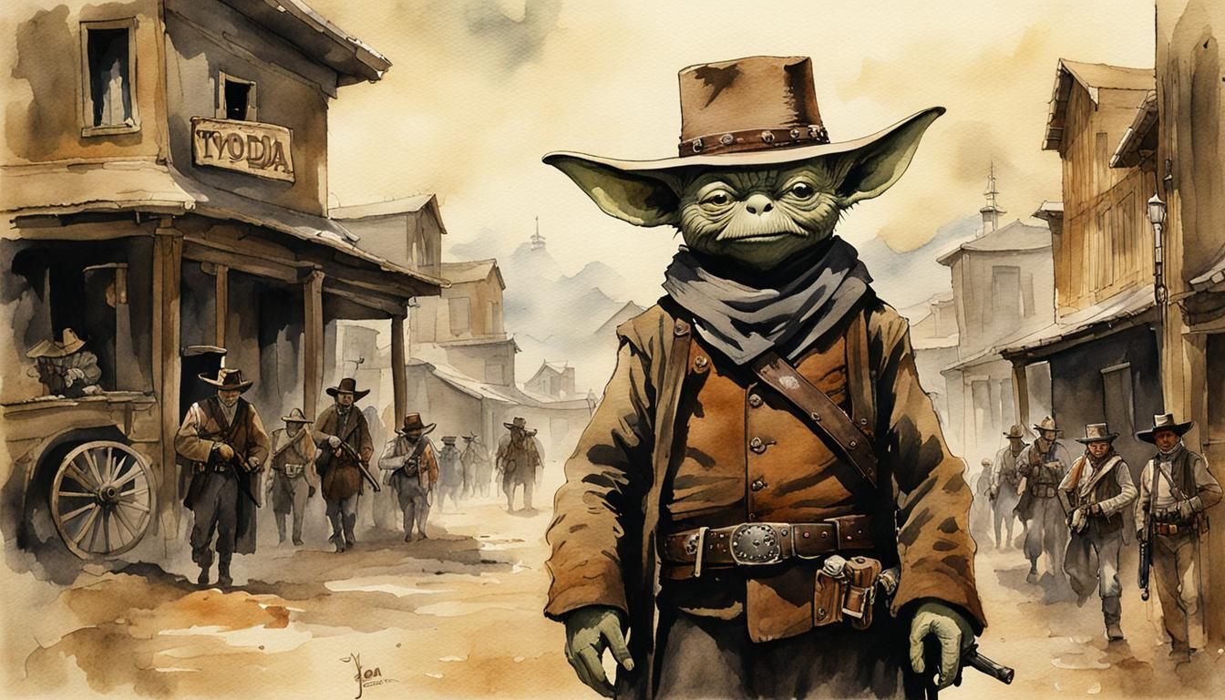 Grogu the Gunman: Watercolor in Old Western Town