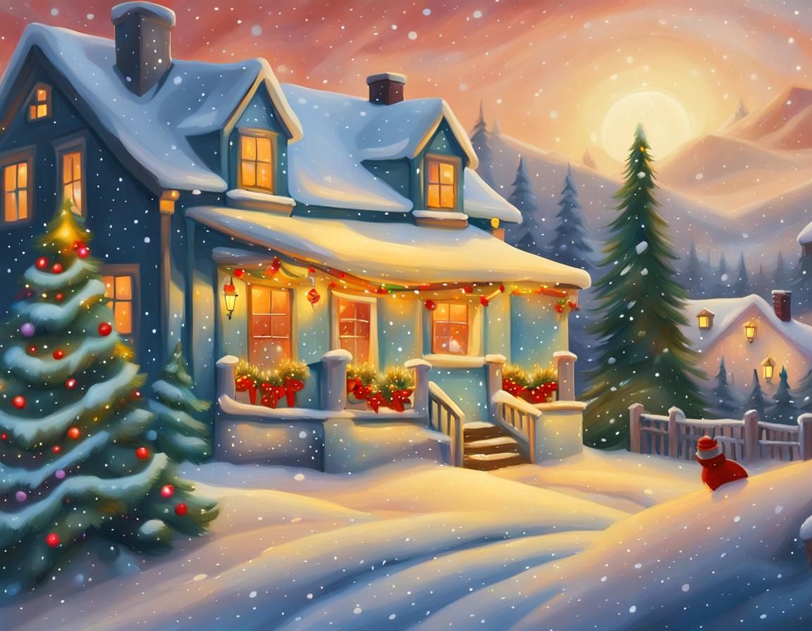 Christmas House in Winter Landscape, Oil Painting