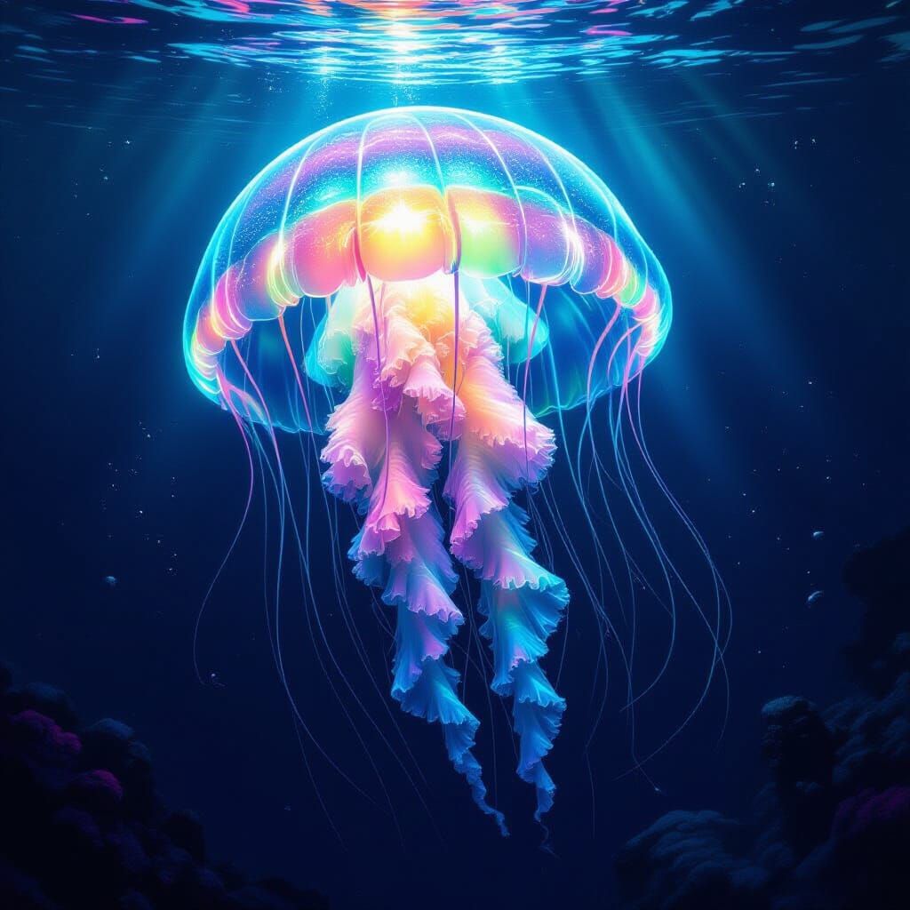 Bioluminescent Jellyfish in Deep-Sea Trench
