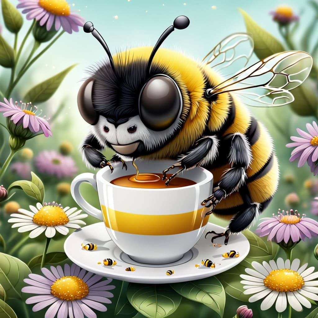 Sleepy Bumblebee Lazily Sips Coffee Among Flowers