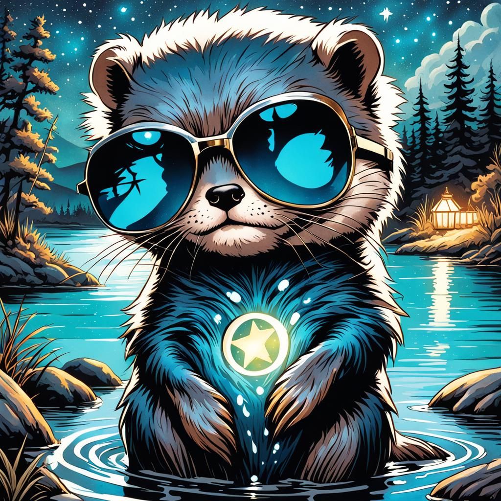 Bioluminescent Otter in Watercolor Gothic Style