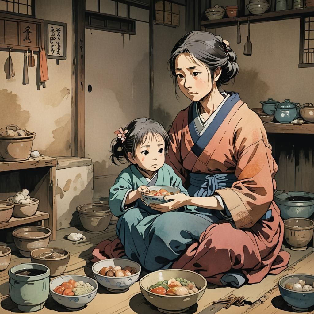 Edo Period Mother and Child in Anime Style