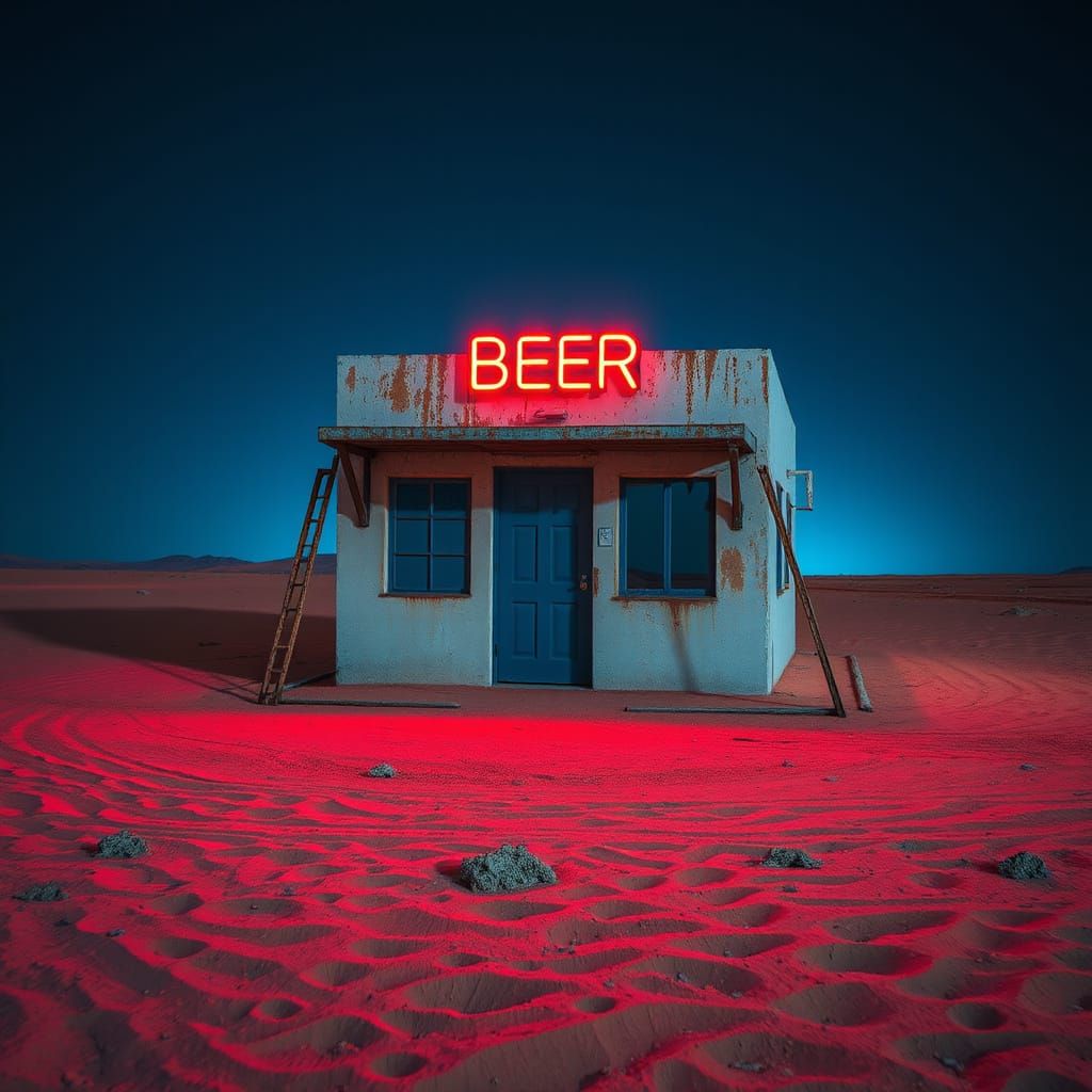 Neon Beer Sign Illuminates Desert Bunker at Night