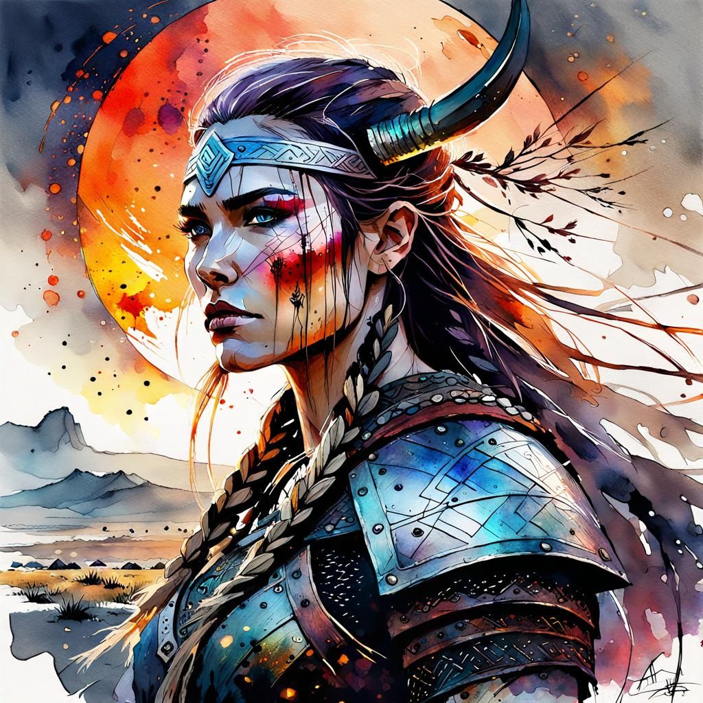Beautiful Viking Warrior in Digital Watercolor Style