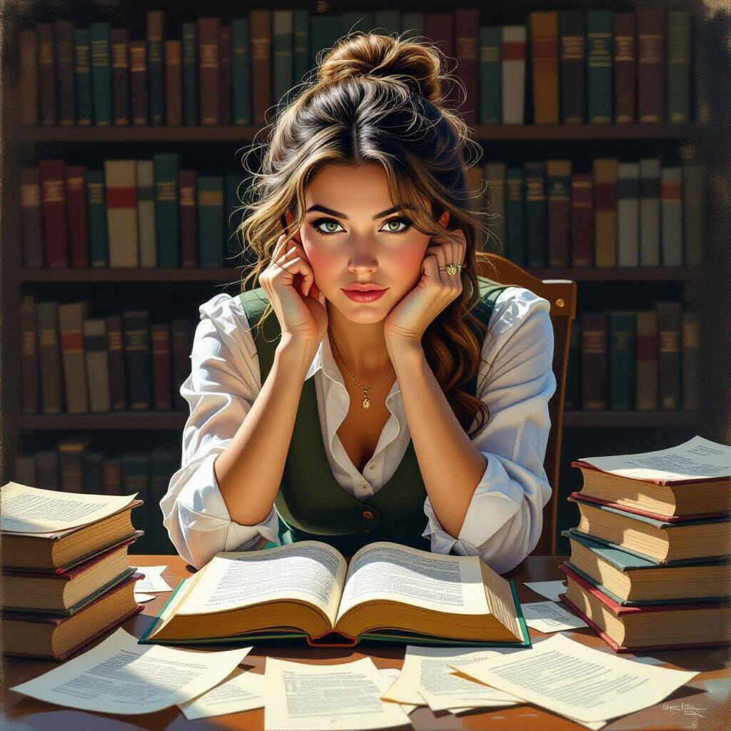 Pensive Woman Surrounded by Books, Gurney Style