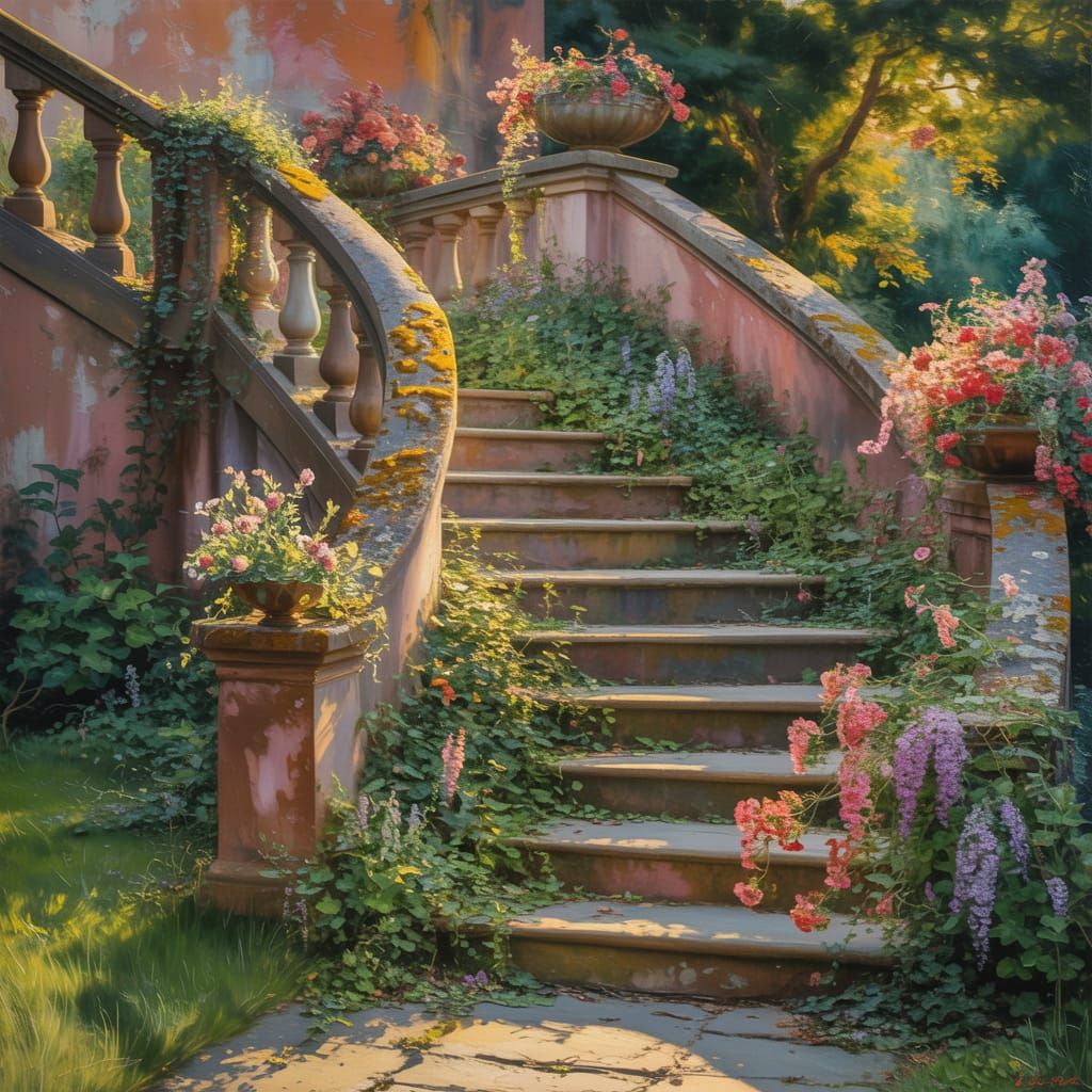 Enchanted Stone Staircase in Impressionistic Garden