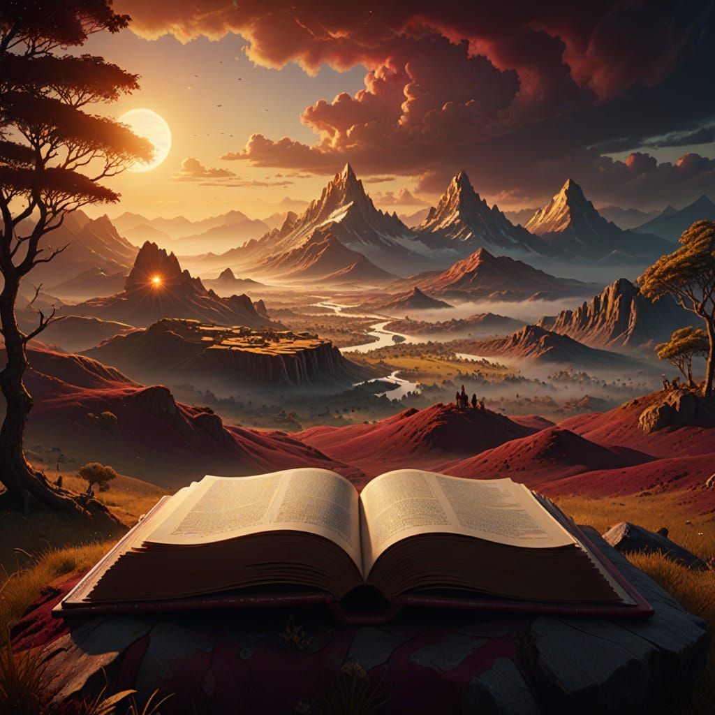 Giant Book in Maroon Landscape: Maximalist Digital Art