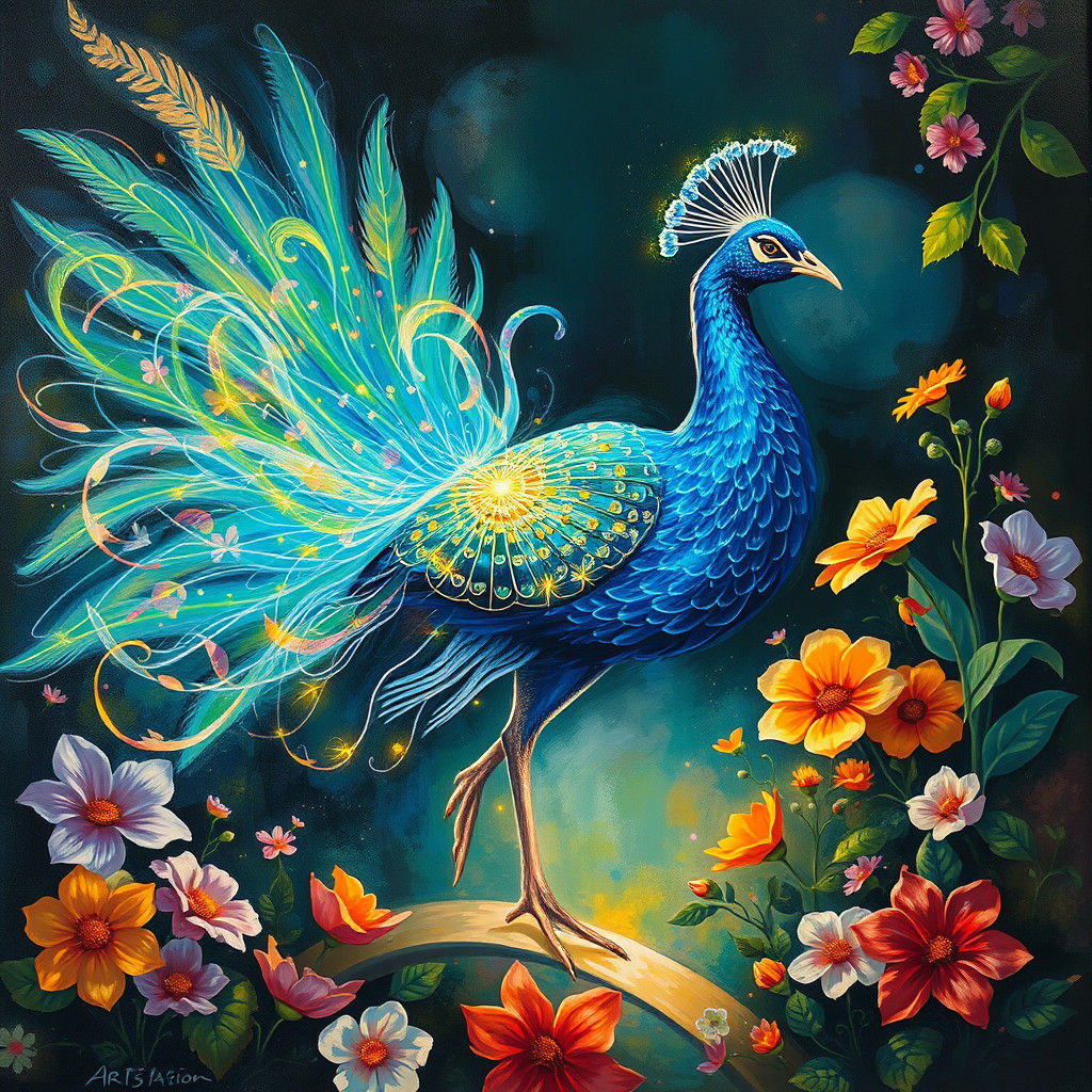 Surreal Bioluminescent Peacock Dances in Vibrant Garden
