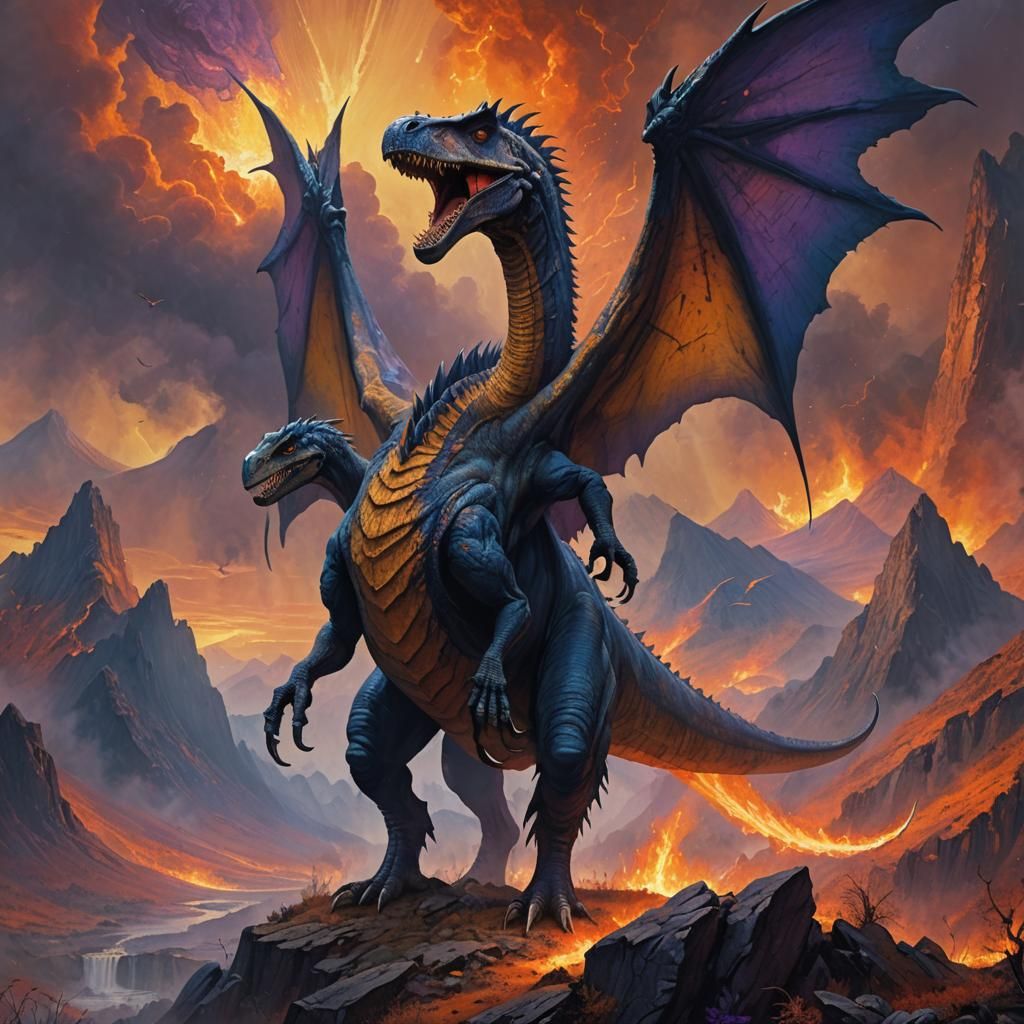 Spinosaurus Eagle Hybrid in Fiery Landscape