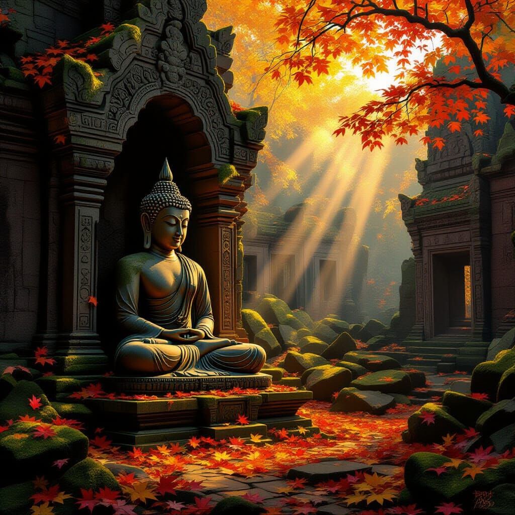 Serene Buddha in Autumn Temple Ruins
