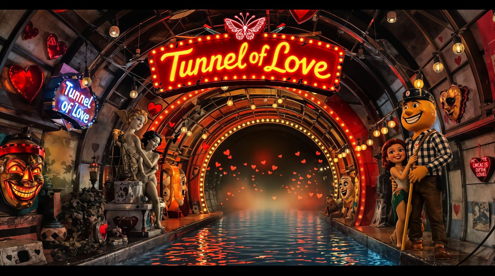 Vintage Carnival Tunnel of Love in Neon Glory