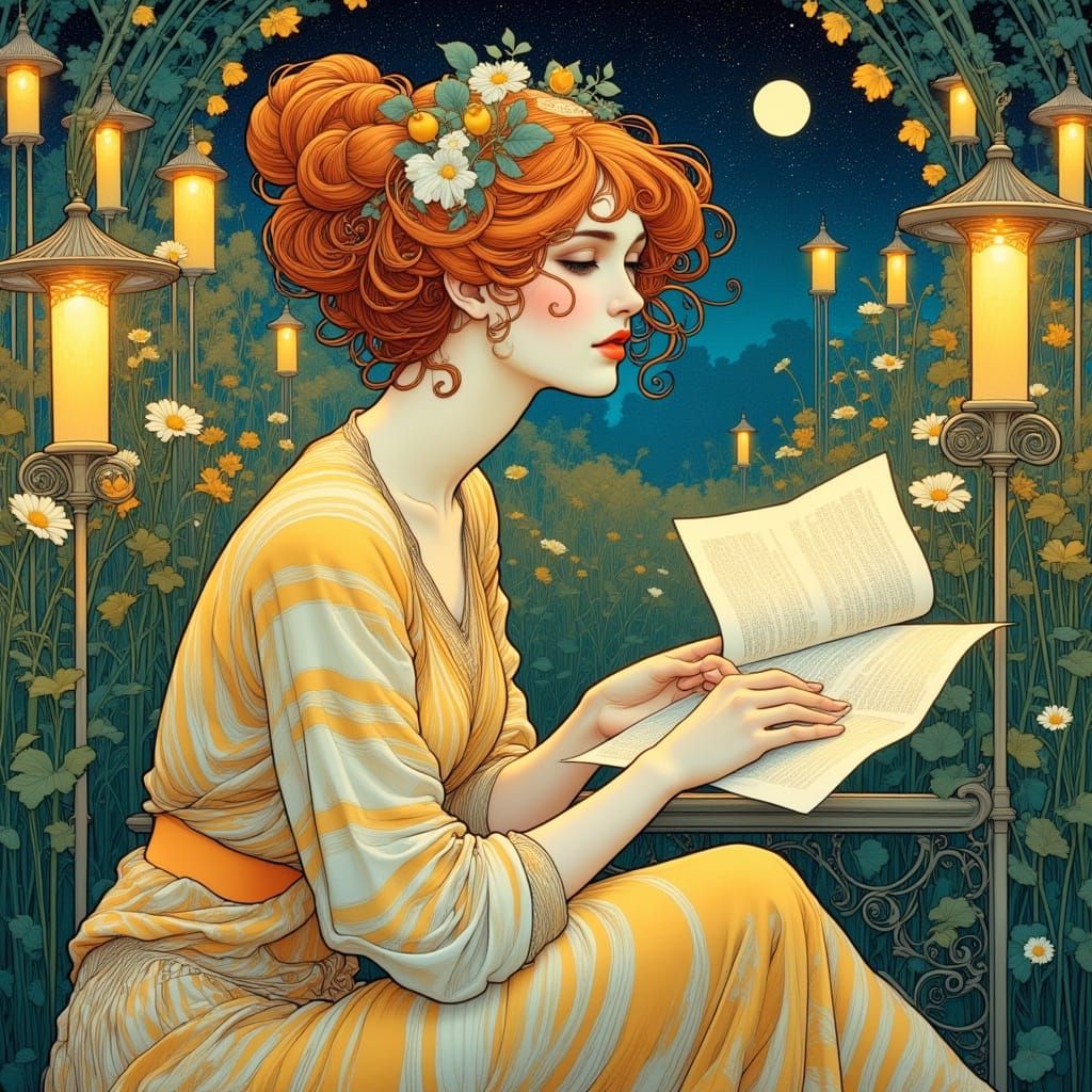 Art Nouveau Woman Reading by Moonlight