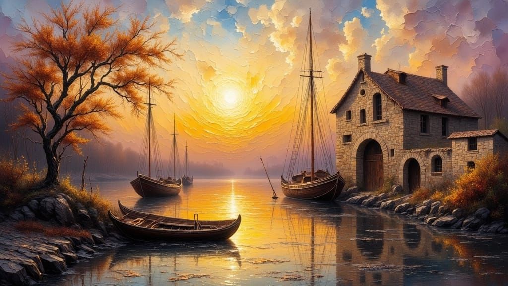 Ancient Harbor at Dusk: Impasto Painting in Romantic Style
