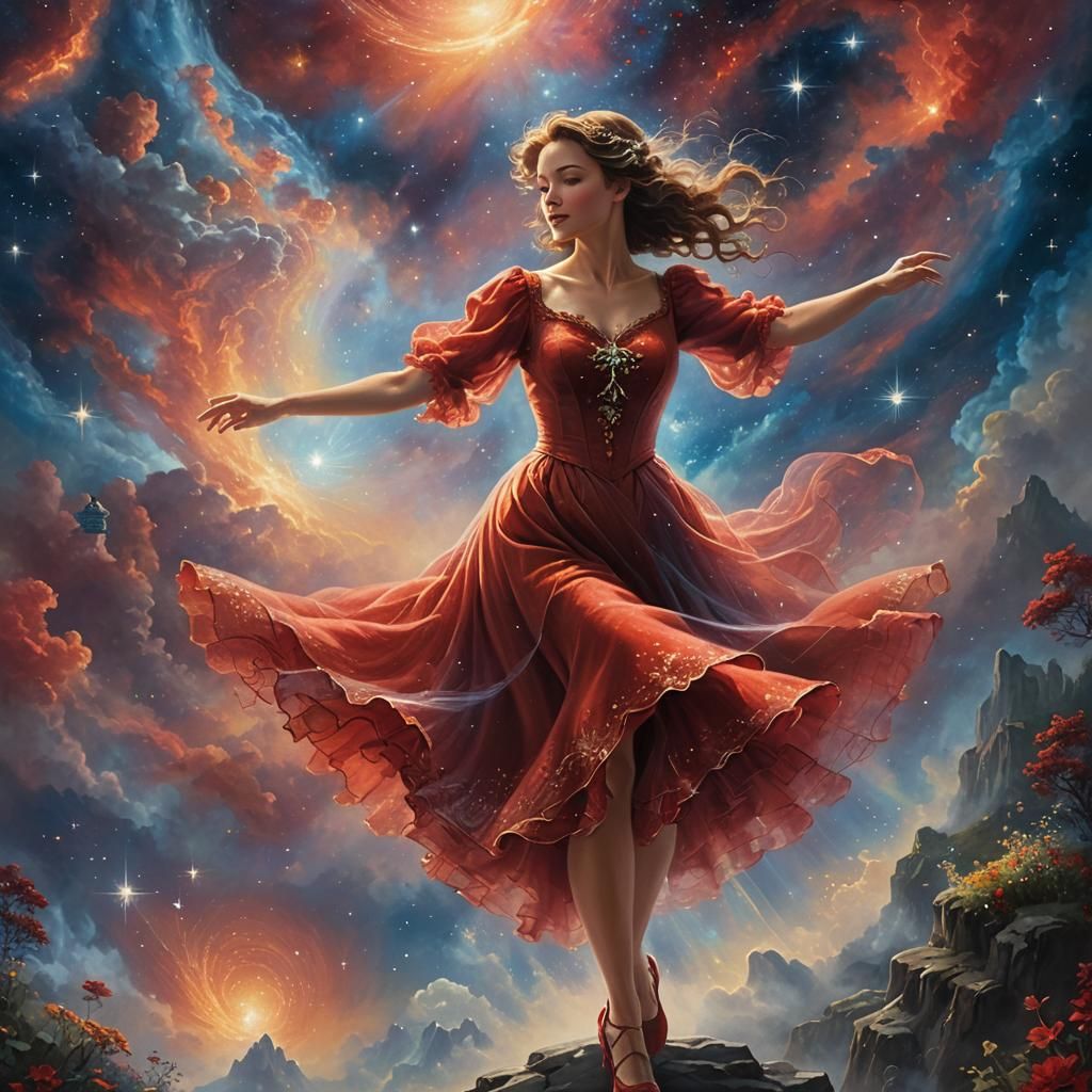 Woman Dancing Through the Universe in Ethereal Light