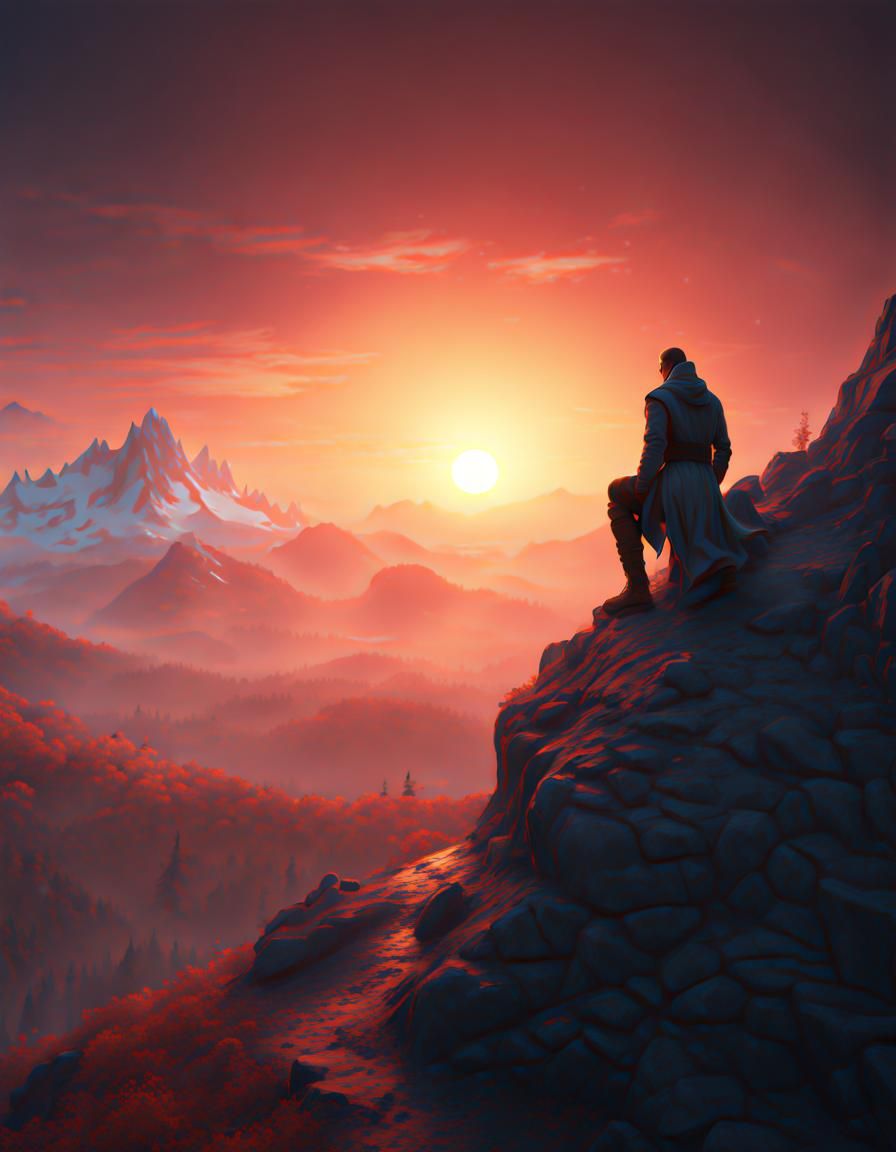 Lonely Figure Sunrise: Detailed Matte Painting