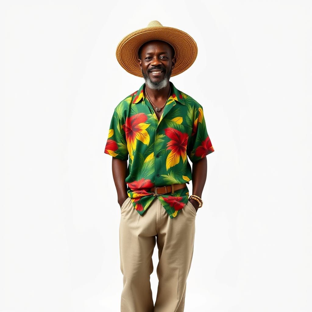 Jamaican Man in Tropical Shirt on White Background