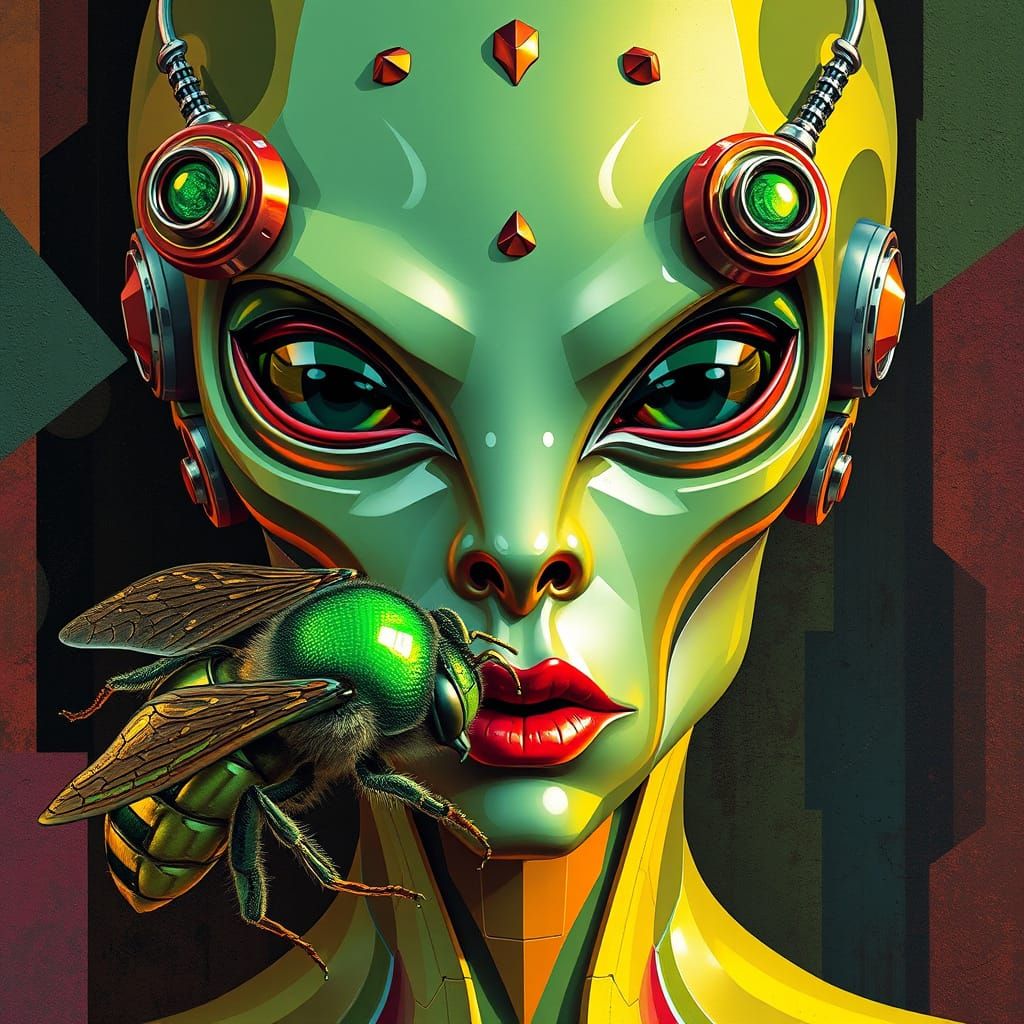 Cyberpunk Alien Face with Green Bee in Abstract Style