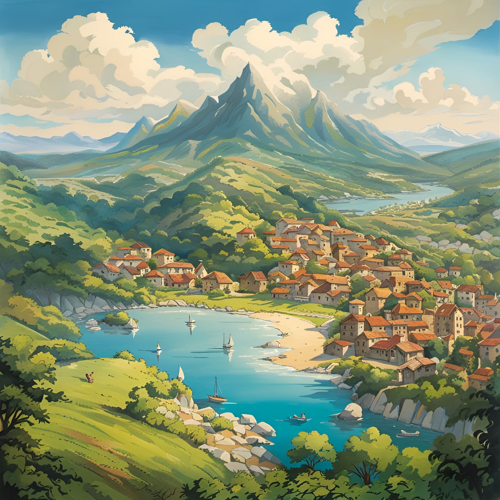 Medieval City in Valley: Studio Ghibli Watercolor