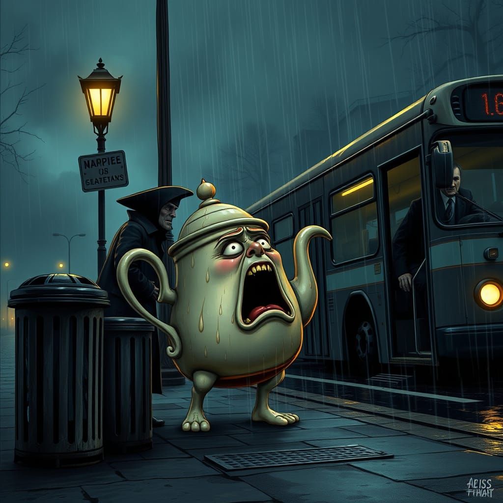 Terrified Teapot Waits for Bus in Burtonesque Scene