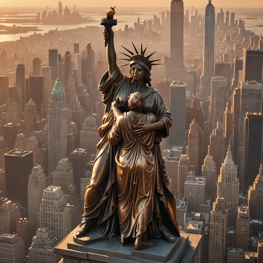 Statues of Liberty Embrace in Golden Hour 3D Rendering