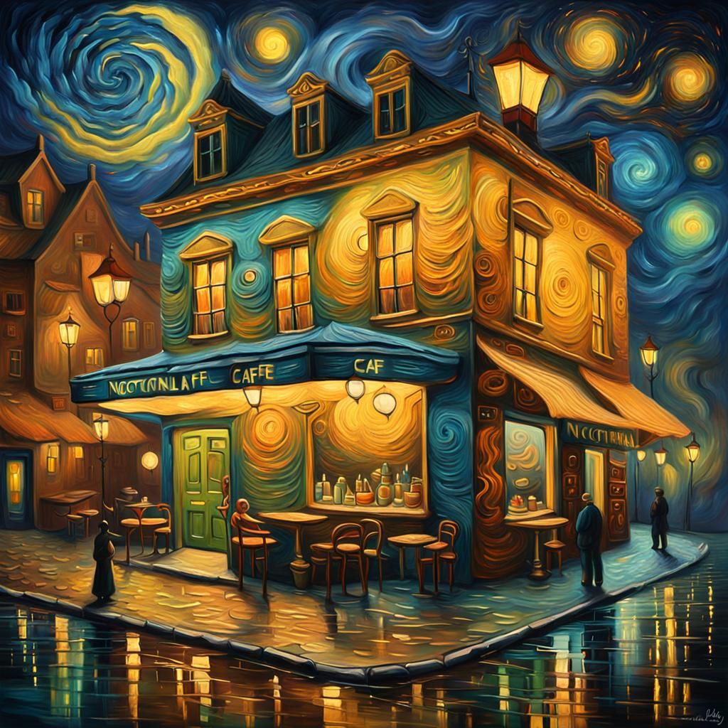 Surreal Nocturnal Cafe: Van Gogh-Inspired Dreamscape