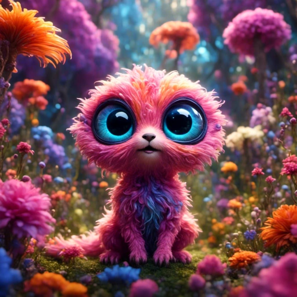 Adorable Fluffy Alien Creature in Flowery Garden