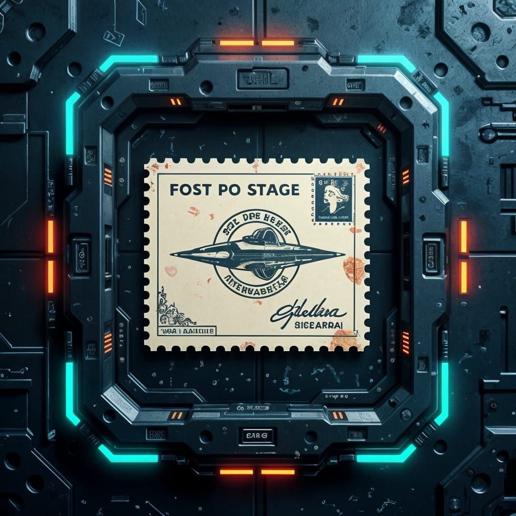 Vintage Stamp in Futuristic Sci-Fi Container
