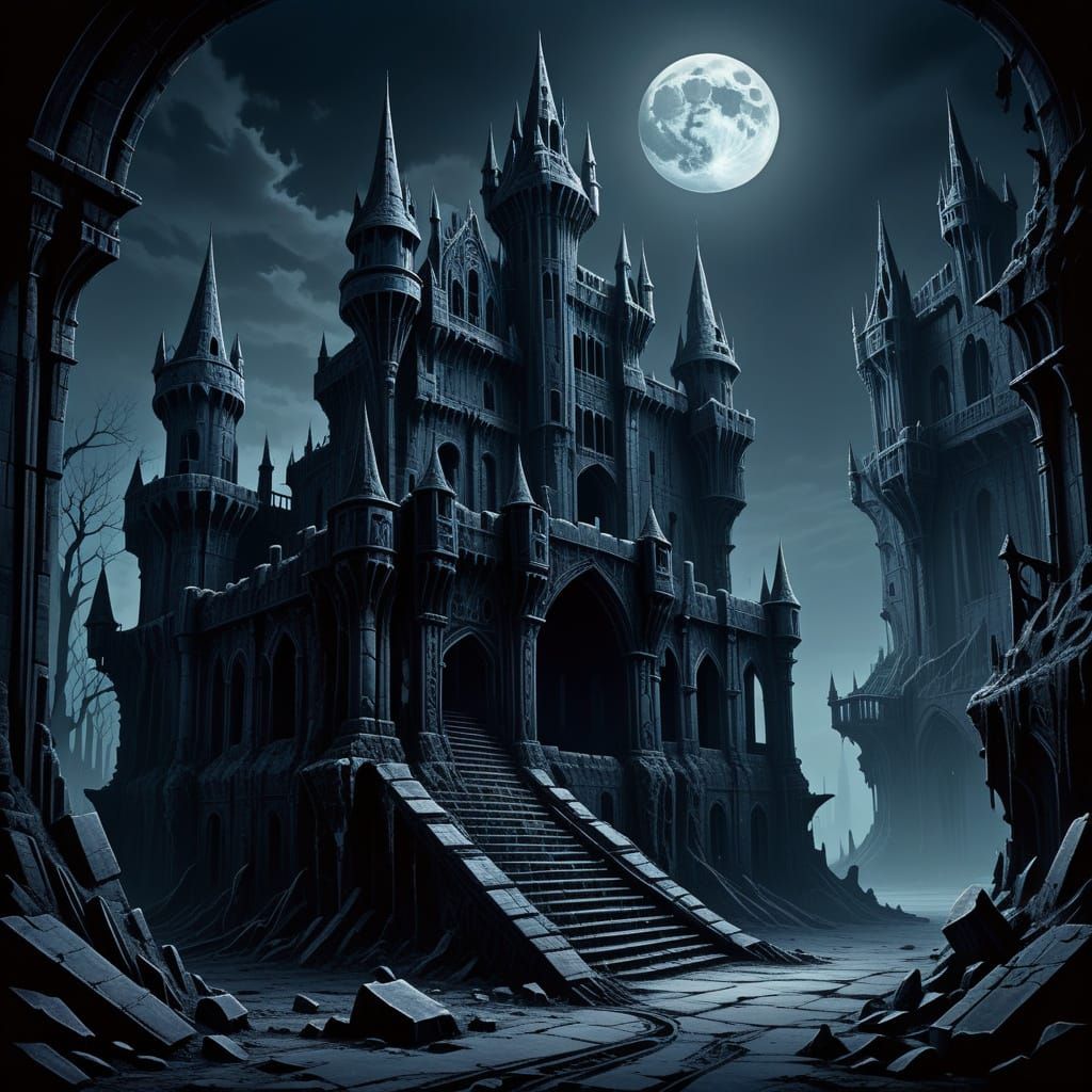 Gothic Castle Illustration with Eerie Moonlit Shadows