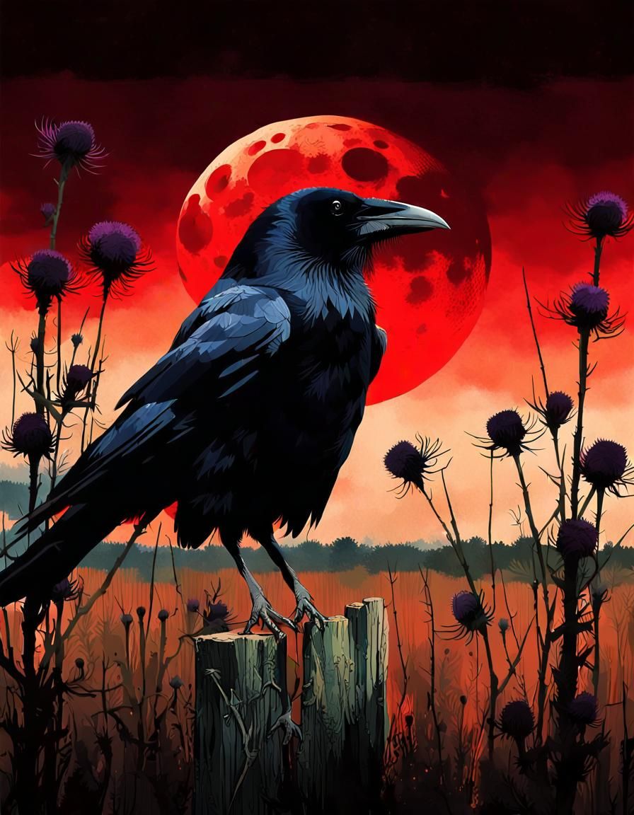 Crow on Swamp Post Under Blood Moon