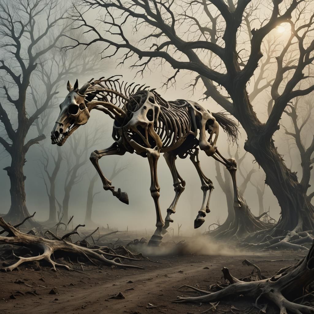 Ethereal Skeletal Horse Galloping in Misty Valley