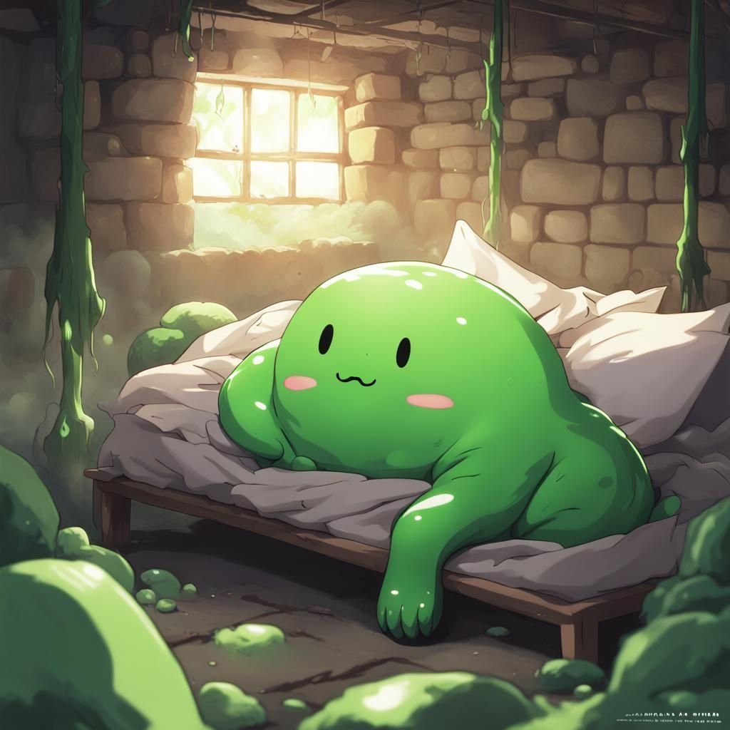 Cute Green Slime Napping in Dungeon, Anime Style