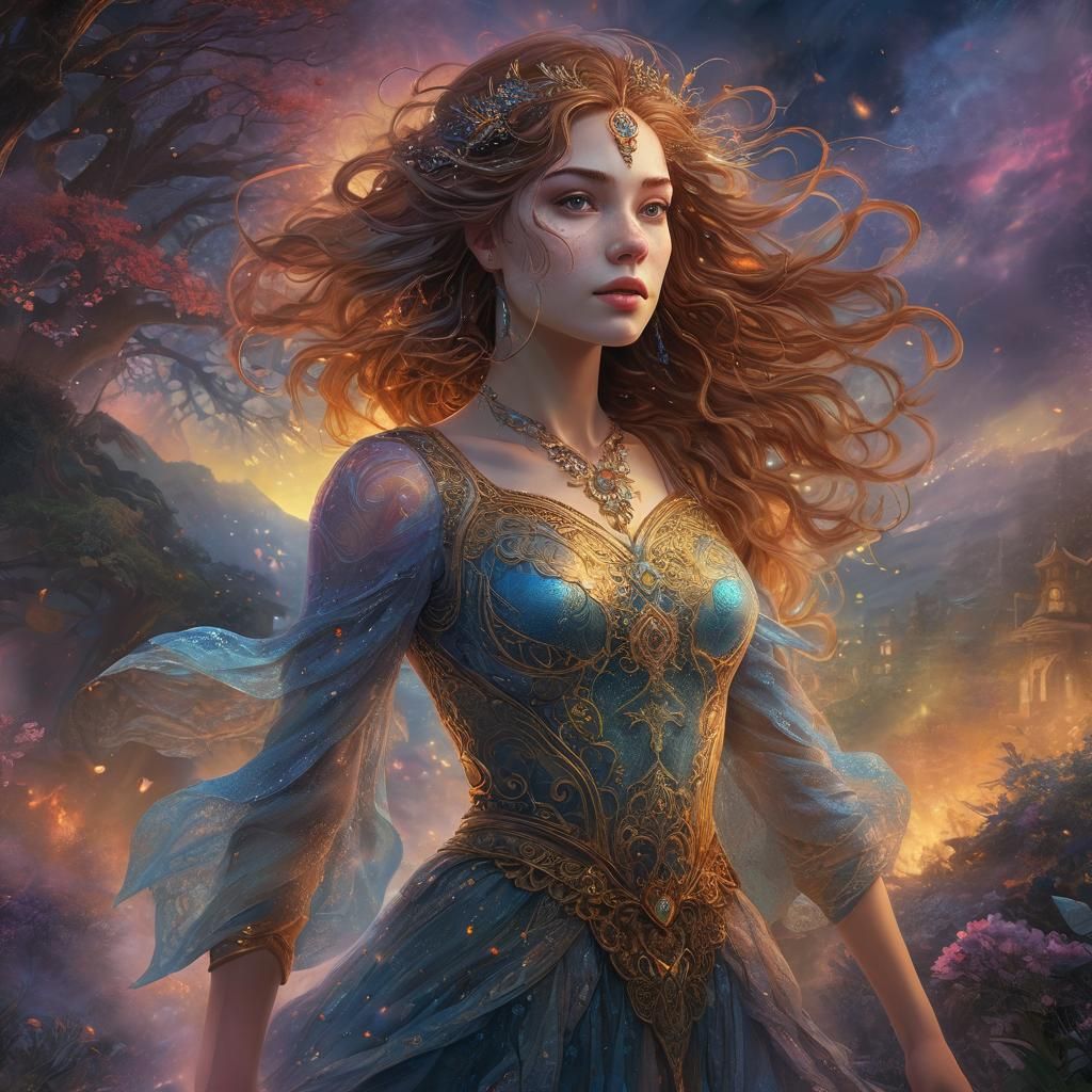 Savage Daughter in a Holographic Cosmic Fantasy Scene