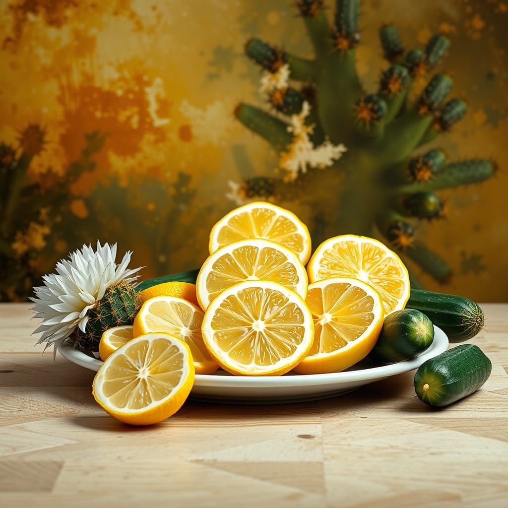 still life of sliced lemons on a plate with echinopsis cacti...